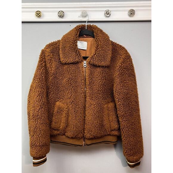 Bershka Teddy Bear Coat Womens Medium Brown Bomber Full Zip‎ Fluffy Cozy Warm - Picture 1 of 7